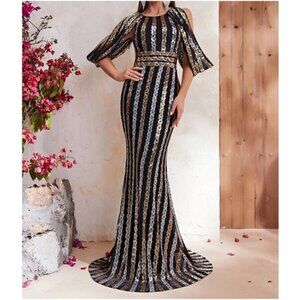 Luxe Cold shoulder sequin Evening Formal Black Tie Wedding Dress